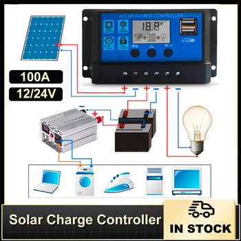 100º-Controlador de Carga Solar Painel Solar, Controlador de 12V/24V Ajustável Display LCD do Painel Solar Regulador de Bateria com Dual USB
