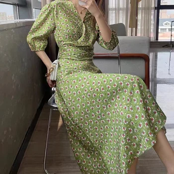 2022 Floral Verde Cintura Vestido das Mulheres de Verão de Nova decote em V, Saia Avental Retrô Chá de Quebra de Saia