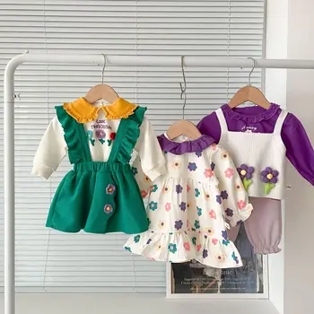 2023 Primavera Menina Roupas de Criança Boutique Vestido Floral+Suéter+blusinha+Alça de Saia para Bebê, Festa de Aniversário do Traje