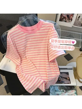 2023 a Primavera E o Verão Casual Listrada de Manga Curta-cor-de-Rosa de T-Shirts para Mulheres Moda Harajuku Malha Solta Tees de Tops Femininos Roupas