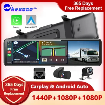 3 Câmeras de Lente Carro Traço Cam sem Fio Carplay Android Espelho Retrovisor Auto de Gravação de Vídeo de DVR 1440P GPS de Navegação, Controle de Voz