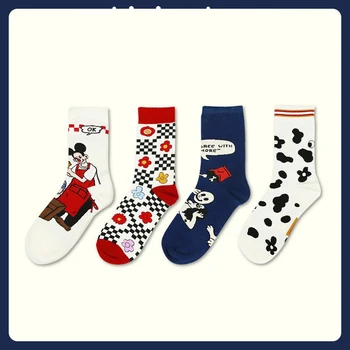 6 pares de Japonês vacas bonito MEIAS de algodão meias femininas ilustração xadrez menina meias meados de meias-tubo