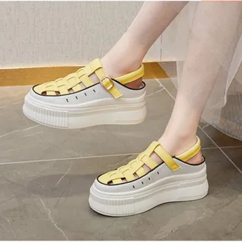 8cm Baotou Sandálias das Mulheres Primavera 2023 New Roman Sapatos de Tecido Oco Sapatos de Espessura Inferior Interna Elevada Sandálias de Verão