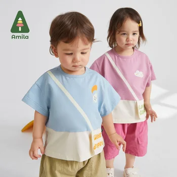Amila Bebê Manga Curta T-shirt 2023 Verão Novo Bonito Costura Divertido Bolso Casual Simples de Grande Braçadeira Superior para os Meninos e Meninas de 0-6Y