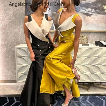 Angelsbridep V-pescoço Sereia em Cetim Vestidos De Cóctel Aniversário de Vestidos Para Mulheres Com Botões de Vestidos de Baile De 2023 Cocktail Kleider