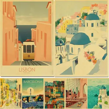 Anime de Viagem Paisagem da Cidade Vintage Poster Casa de Decoração de Quarto de Arte de Pintura Engraçado Adesivo de Parede para o Café Papel Kraft, Impressão de Cartazes