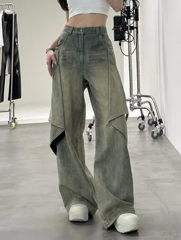 As mulheres do Vintage Y2K Streetwear Baggy Jeans de Cintura Alta em linha Reta de Perna Larga Calças Jeans Calças 2023 Nova manta de Retalhos de Jeans