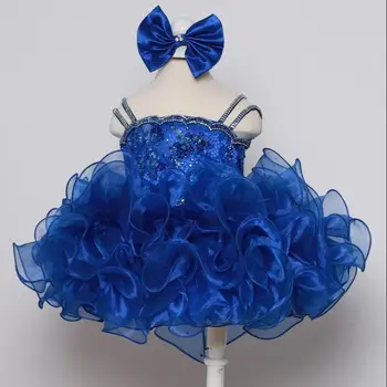 Azul Royal Meninas Vestidos Concurso Vestido De Baile Curto Mini Organza Ruffled Frisado Vestidos Da Menina De Flor Para Casamentos Bebê Crianças