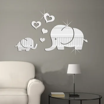 Bonito pequeno elefante espelho acrílico de parede colar na parede do fundo azulejos de casa de banho auto-adesivo decorativo de colagem criativa decoração da parede