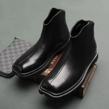 Botas novas dos Homens tendência de couro zipper curto botas de topo quadrado de espessura com solado de alta-top sapatos de couro, botas-de-ferradura