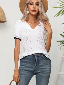 Branco Ocos Tess Camisa de Moda Verão feminina Manga Curta Tees Top Listrado com Decote em V Blusas Femininas Camisa Casual Superior 2023