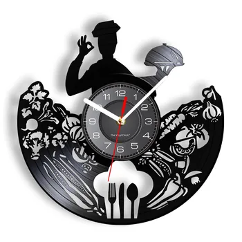 Chef Relógio De Parede Restaurante Logotipo Da Empresa De Parede Decoração Utensílios De Cozinha Cozinheira Profissional De Cozinha Gourmet Alimentos Disco De Vinil Relógio