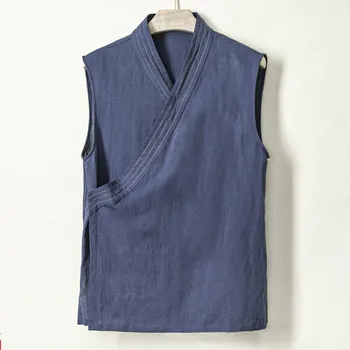 Chinês Tradicional Hanfu Camiseta, Camiseta masculina Roupa de Algodão sem Mangas Tops Homens Tang Terno Kimono Jaqueta