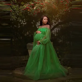 Chique Verde Tule Vestidos De Gravidez De Barra Elástica Pescoço Mangas Compridas Ver Através Plus Size Feitos Vestidos De Maternidade