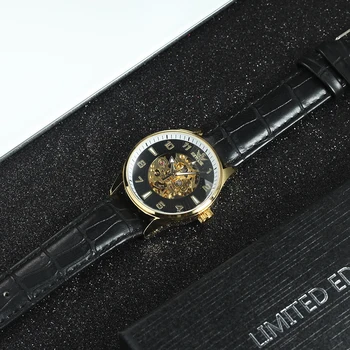 Clássico de Ouro Preto Relógio Automático Homens Vintage Mecânica do Esqueleto Relógios de homens de melhor Marca de Luxo de Couro Pulseira de relógio masculino