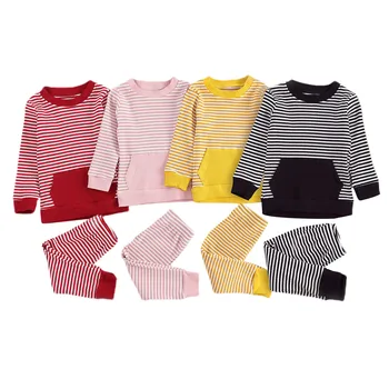 Crianças Mangas compridas T-shirt Terno do Recém-nascido de Meninos Meninas Listras Conjunto de Roupa de Outono Gola Redonda Tops Tee Calças de Roupas