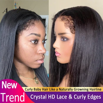 Crystal HD 13x4 Lace Front Wig Glueless Reta Invisível, Transparente 360 Lace Frontal Peruca de Cabelo Humano Kinky Fio Brasileira