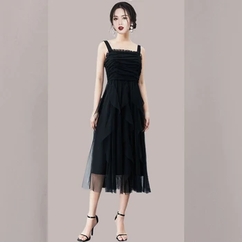 DALMAZZO 2023 Verão de Novo Designer de Moda Malha Preta Longa Vestido das Mulheres de Barra de Espaguete fita para o Pescoço Magro Casual francês Vestidos