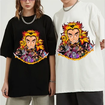 Demon Slayer Harajuku Engraçado Akaza Camisa Anime Rengoku Shinjurou T-Shirt Manga Curta Homem Mulher