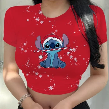 Disney Stitch Impressão Y2K Crop Top Mulheres Sexy T-shirt Mulher de Verão Camiseta Femme Magro Patchwork coreano Moda Roupas Tshirt