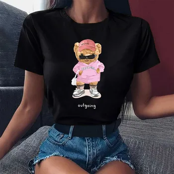 Engraçado Urso De Pelúcia Camiseta Harajuku Desenhos Animados Gráfico De Mulheres Maiores De Moda Masculina Curto Sleev Casais Roupa Combinando Impressão De Streetwear