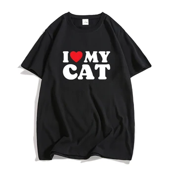 Eu Amo Meu Gato T-shirt Harajuku Letra Imprimir Gráfico de Coração Unisex Camiseta de Verão, Moda Streetwear Manga Curta Mulheres Homens T-Shirt