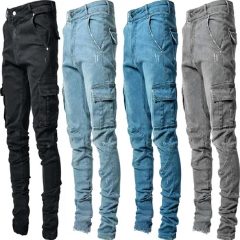 Europeia estação casual, moda, homens trecho multi-saco de pequenas pernas de calças slim slim jeans carga desgaste explosão