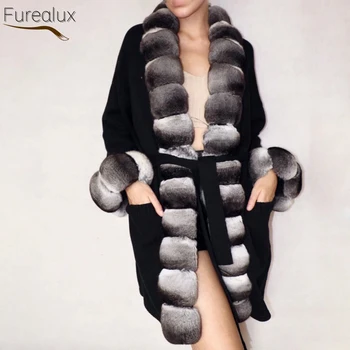 FUREALUX Real de Lã Casaco de Inverno de Luz de Moda de Luxo Senhoras Quente Lace-up de Roupas Natural de Longa Rex Rabbit Fur Collar