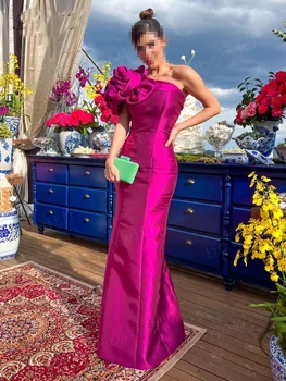 Fuchsia Prom Night Dress Um Ombro com Flores Feitas a Mão Cetim Personalizada Feita em tempo Real de Imagem Vestidos de Noite