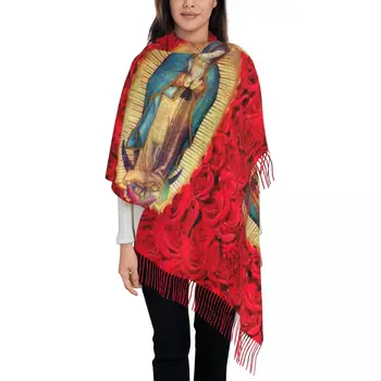 Guadalupe Virgem Maria Com Flores Lenço De Moldar As Mulheres Longo Inverno Quente De Borla Xale Unisex Católica Lenços