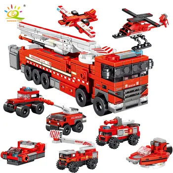 HUIQIBAO 327pcs de Combate a Incêndio 8in1 Caminhões Carro, Helicóptero, Barco Blocos de Construção da Cidade de Bombeiro Figuras de Homem Tijolos de Brinquedos para as Crianças