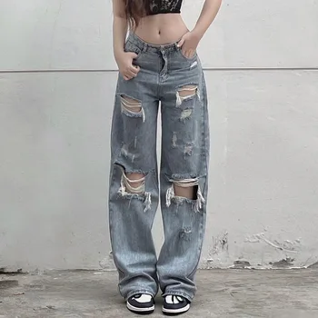 Hip Hop E Streetwear Calças De Brim Das Mulheres Do Denim, Calças De Moda Buraco Ripped Jeans Menina Calças Largas