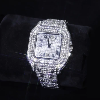 Hip Hop Gelado Homens Relógio Quadrado De Diamante, Quartzo Luxo Mens Relógios De Pulso De Ouro Calendário Romano Aço Relógio Relógio Masculino