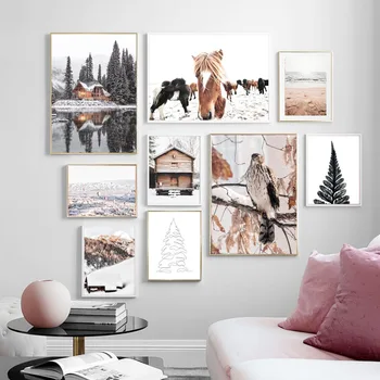 Imprimir Parede a Imagem Decoração de Sala de estar e de Neve Casa do Lago Pine Águia, Cavalo de Arte de Parede de Lona da Pintura de Inverno Nórdico Cartaz