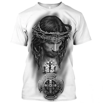 Jesus Cristo Padrão T-Shirt Para Homens de Verão Casual, O Decote de grandes dimensões de Manga Curta Catolicismo Impressão de Secagem Rápida Homens T-shirts