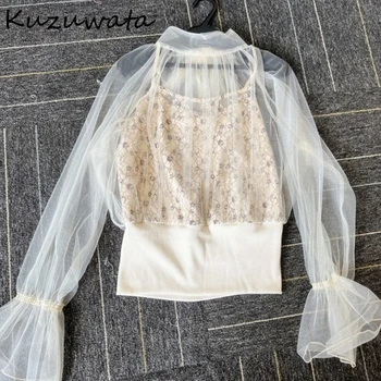 Kuzuwata 2023 Verão Novas Mulheres Blusas de Renda Bordado de Flores Fake Dois pedaço de Malha, Camisas de Retalhos Flare Manga Japonês Blusas