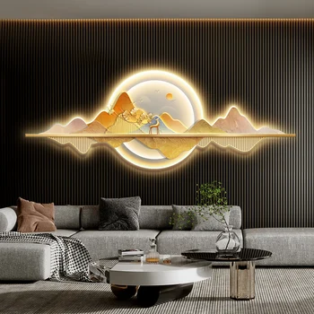 LED com luz de brilho de luxo moderno pintura de paisagem apoiada contra a Jinshan sala de pintura decorativa na parede do fundo