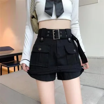Lucyever Estilo coreano de Cintura Alta Mini-Saia Mulheres da Moda com Cinto de Curto Culotte Saias Y2K Streetwear Bolso Grande Carga Saias