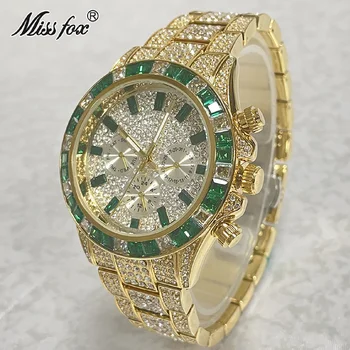 Marca De Luxo Verde Gelado Fora De Moda, Relógios De Homens De HipHop Ouro Impermeável Relógio De Pulso Cheio Moissanite Masculino Jóias Relógios Reloj