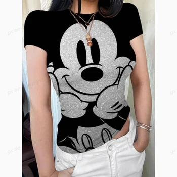 Mickey de Disney do Rato de Impressão Roupas T-Shirt das Mulheres T-Shirt 2023 Casual Anime Top de Camisetas T-Shirt de ajuste fino Mulheres do sexo Feminino Gráfico Tee