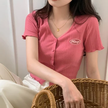 Mulheres 2023 Verão de Manga Curta Versão coreana de Pescoço de V Casaquinho Fino Trecho T-shirt Simples Bordado Fino Casual Chic Tops