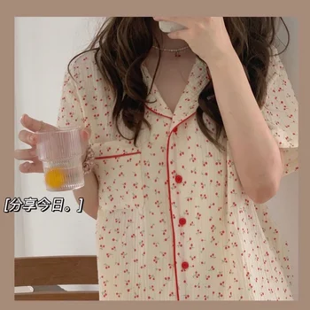 Mulheres Pijama de Verão do Algodão Pijamas coreano Bonito Meninas Impressão de Pijama Solta Lapela Pijamas Plus Size 2Piece Conjunto Kawaii Casa Terno