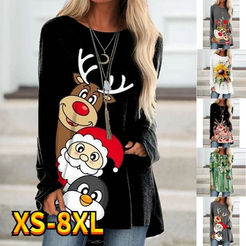 Mulheres T-Shirt camiseta de Natal da Rena de Papai Noel Pintura Brilhante Moletom Active Streetwear de Manga Longa, Gola Redonda XS-8XL