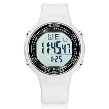 OHSEN Digital LCD Esporte Homens relógio de Pulso Relógio Masculino 50M à prova d'água Data do Alarme de Borracha Branca da forma Exterior do Esporte Relógio de Presente