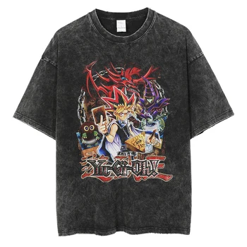 Os Homens Verão Streetwear Hip Hop Camiseta De Anime Desenhos Animados Gráfico T-Shirt Vintage Impressão Lavada De Grandes Dimensões De Algodão Preto Tops Tees