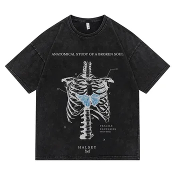 Os homens T-shirt Estética Grunge Gótico Esqueleto de Impressão de T-Shirt Escura Moda Streetwear Tops Tee Gráfico Unisex Oversized T-Shirt
