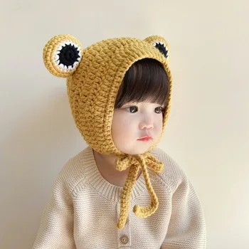 Outono Inverno meninos e meninas do bebê bonito sapo malha ear cuff chapéu de Bebês bonito quente Mão de malha pac