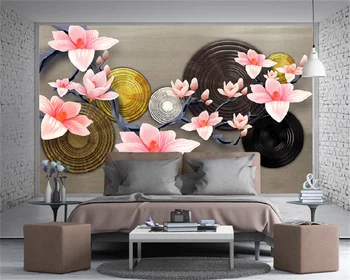 Papel de parede personalizado 3D magnolia flor tridimensional criativo círculo de metal retro sala de estar, quarto de fundo mural