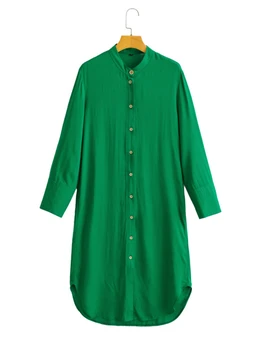 Primavera Vestido de Verão para Mulher Ficar Gola Manga Longa Single Breasted Camisa Verde Roupa de cama de Algodão Vestido de Mulheres de Roupas de Streetwear