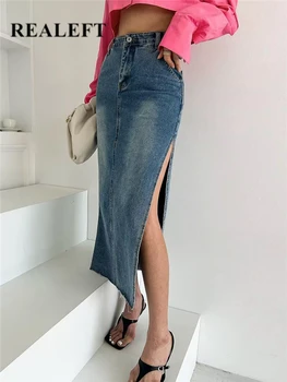 REALEFT Vintage Lado de Divisão do Denim das Mulheres de Saias Longas a coleção Primavera / Verão 2023 Casuais Novo Cintura Alta Chique Azul Jeans, Saias de Senhoras